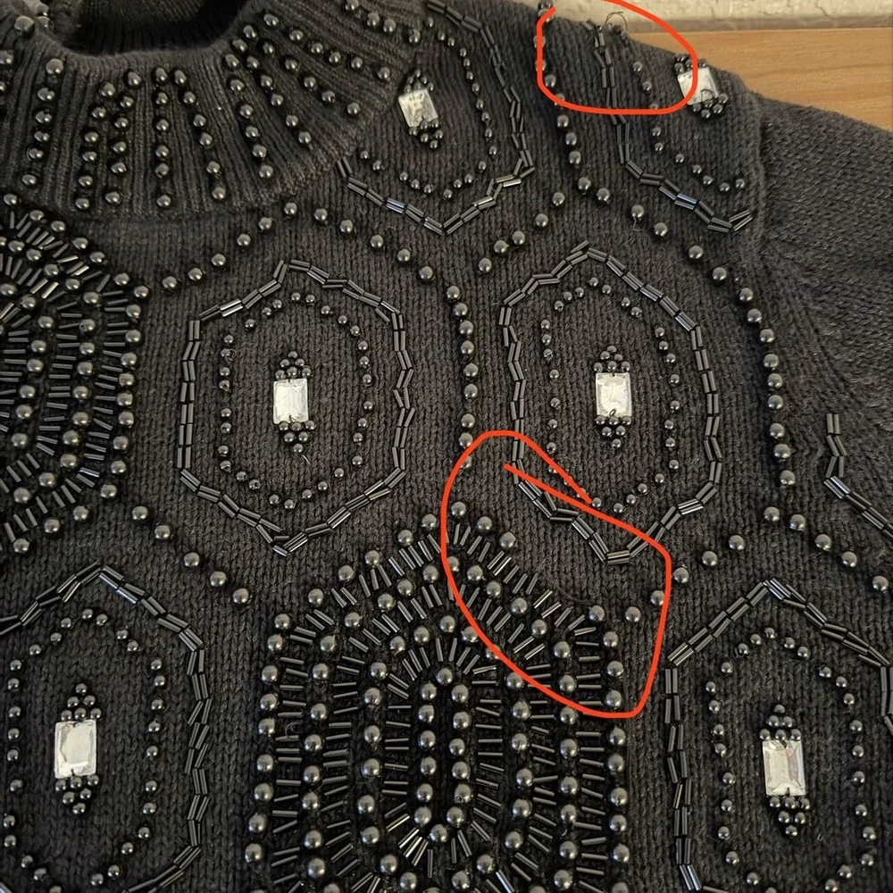 Vtg Womens Sweater XL Black Beaded Rhinestone Mock Neck Cotton Ramie Party 80s